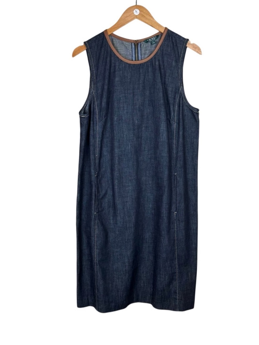 Ralph Lauren Dark Wash Denim Shift Dress Size 2 Leather Trim Sleeveless Zip Back